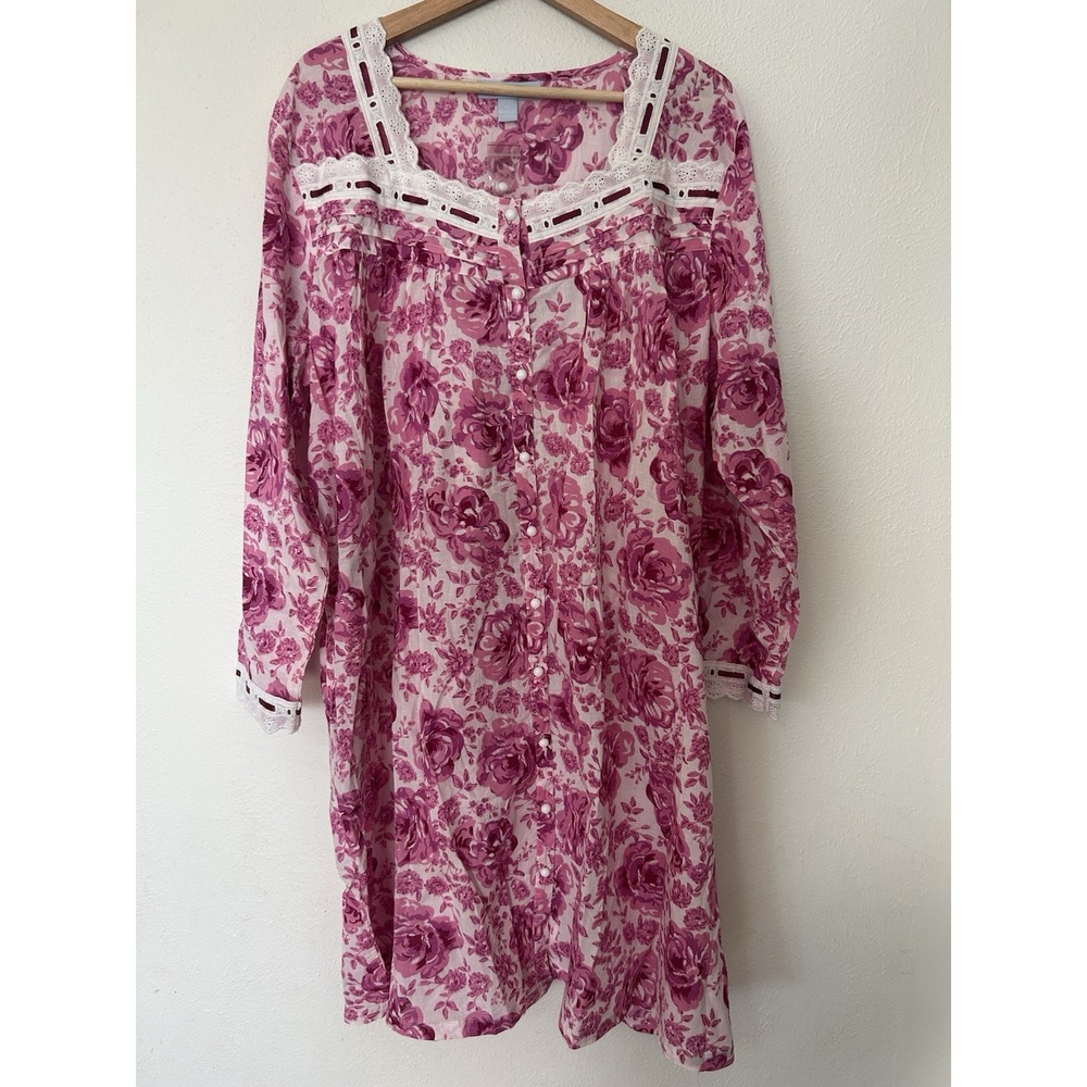 Only Necessities Plus Size 1X 22/24 Short 2-Piece Cabbage-Rose Peignoir Set - Picture 2 of 10